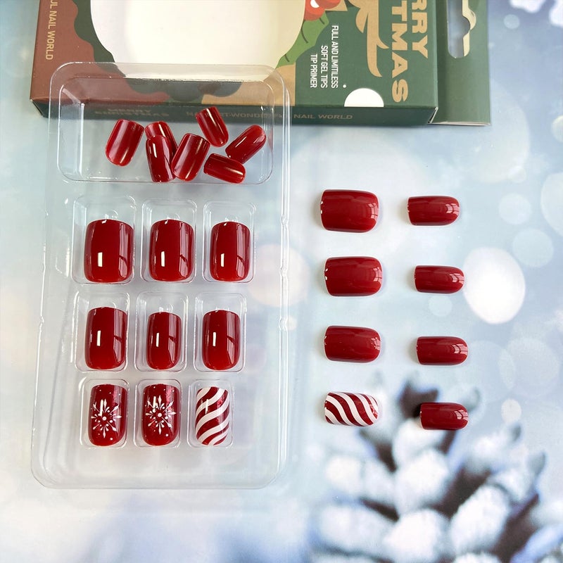 Vopintpy Winter Christmas Press on Nails White Snowflake Stripe Fake Nails Short Square Red Solid Color Glue on Nails Glossy Xmas Stick on Nails for Women DIY Manicure Decor - Image 3